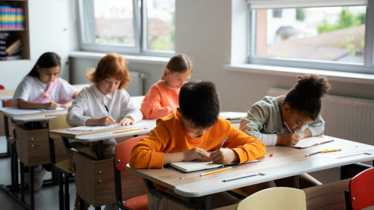 Middle school students concentrating on their reading lesson in a classroom